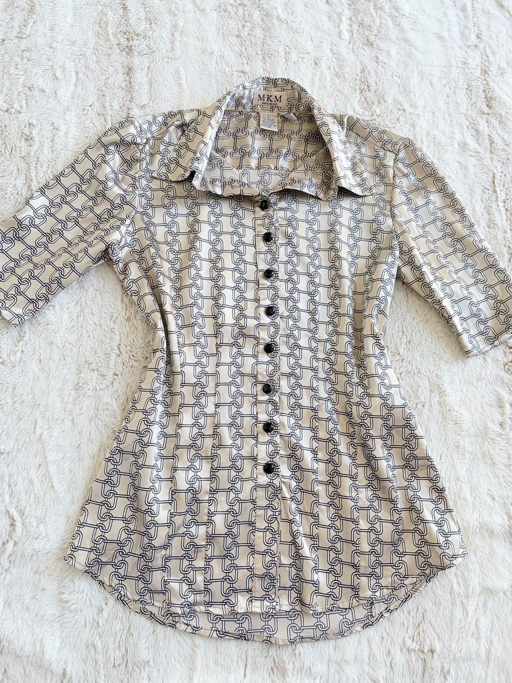 Vintage Y2K MKM Designs Silk Chain Print Blouse S Office Siren Preppy Old Money